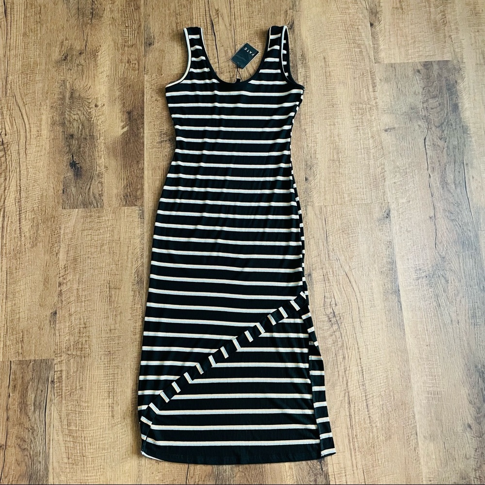 Fate Kayla Asymmetrical Ribbed black multi color stripe midi dress NWT Medium
